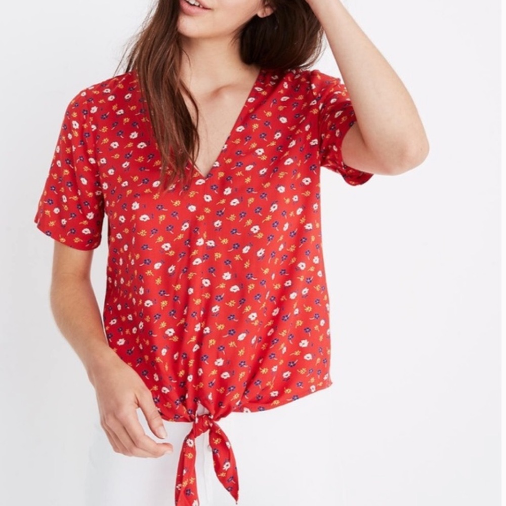 Madewell Front Tie Short Sleeve Red Floral Blouse